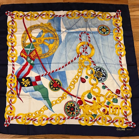 Celine Gold and Blue Nautical Scarf with Chains and Anchors - Picture 1 of 4